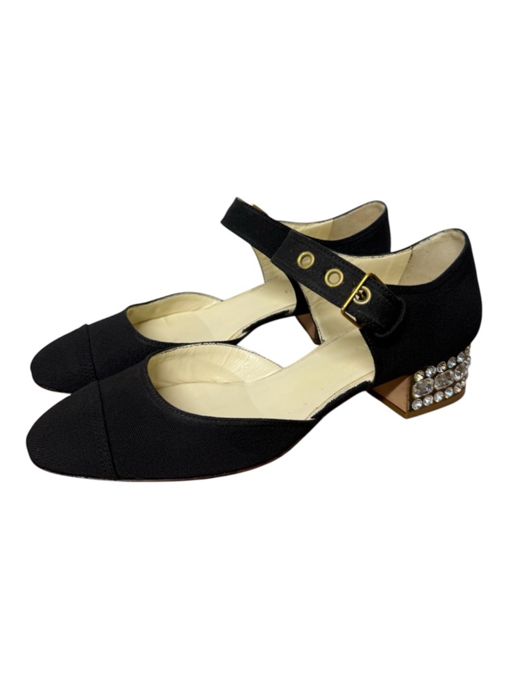 Vintage Miu Miu Black Mary Jane Block Heel Pumps with Crystal Accent - 37.5
